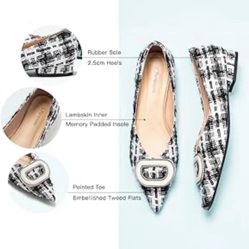 C. Paravano~Women’s Pointed Toe Leather Designer Ballet Flats, Black/White - Picture 12 of 15